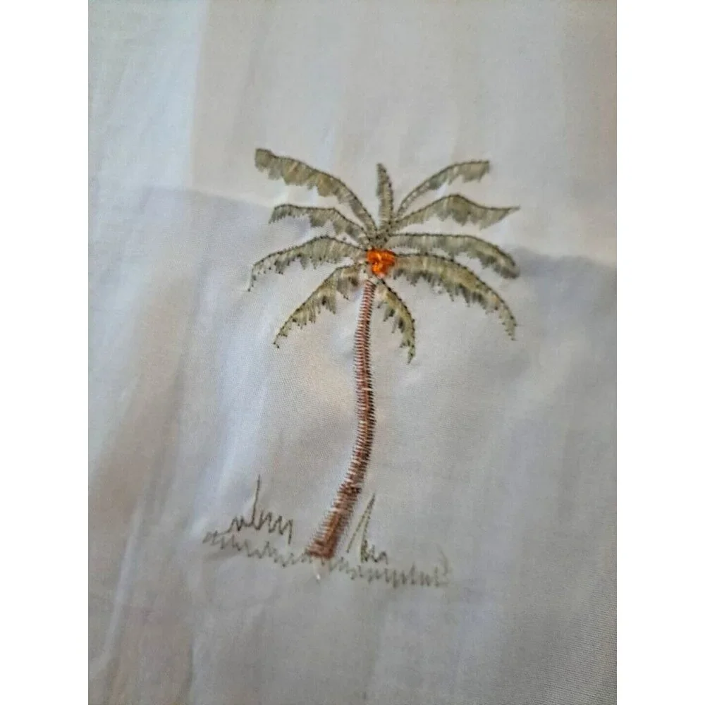 Palm Tree Fabric Shower Curtain White Tropical Embroidered Beaded Coconut Beach